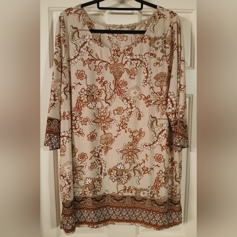 Corvia Women's Tan/Brown Floral 3/4 Sleeve Stretchy Tunic Top Size 1X